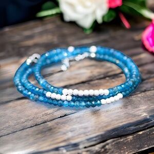 Neon Blue Apatite Necklace Convertible Wrap Bracelet Handmade Sterling Silver